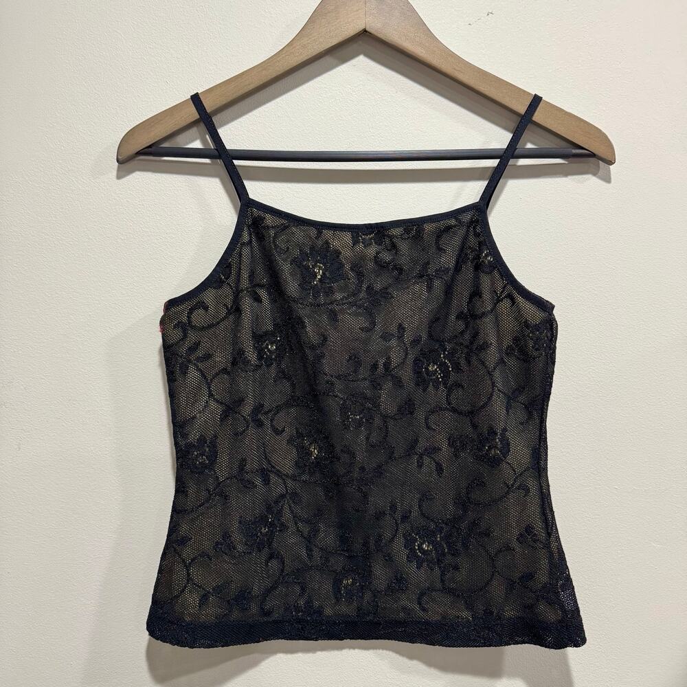 Vintage 90s Express Tricot Black Floral Mesh Lace Cami Top M